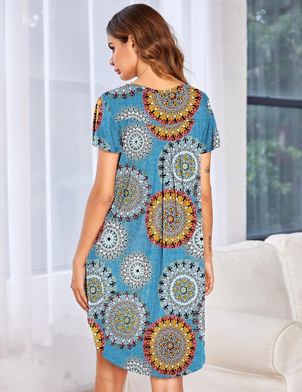 image:imageEkouaer Nightgowns for Women Pleated Moo Moos Short Sleeves House DressesMandala