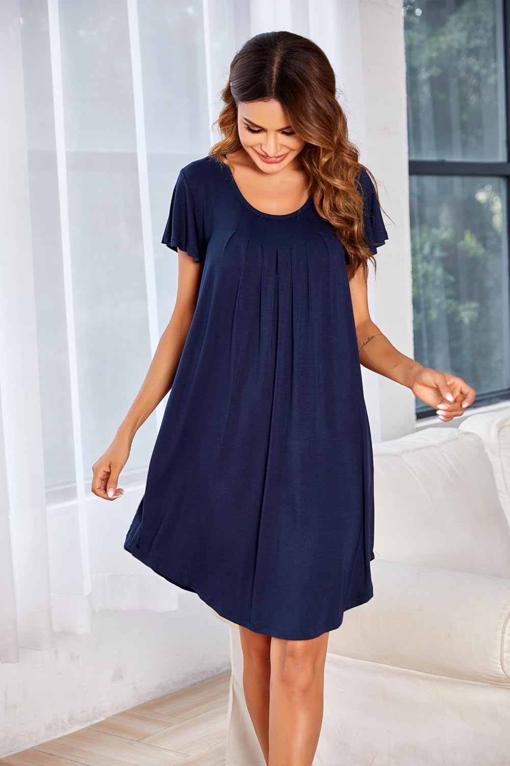 image:imageEkouaer Nightgowns for Women Pleated Moo Moos Short Sleeves House DressesNavy Blue