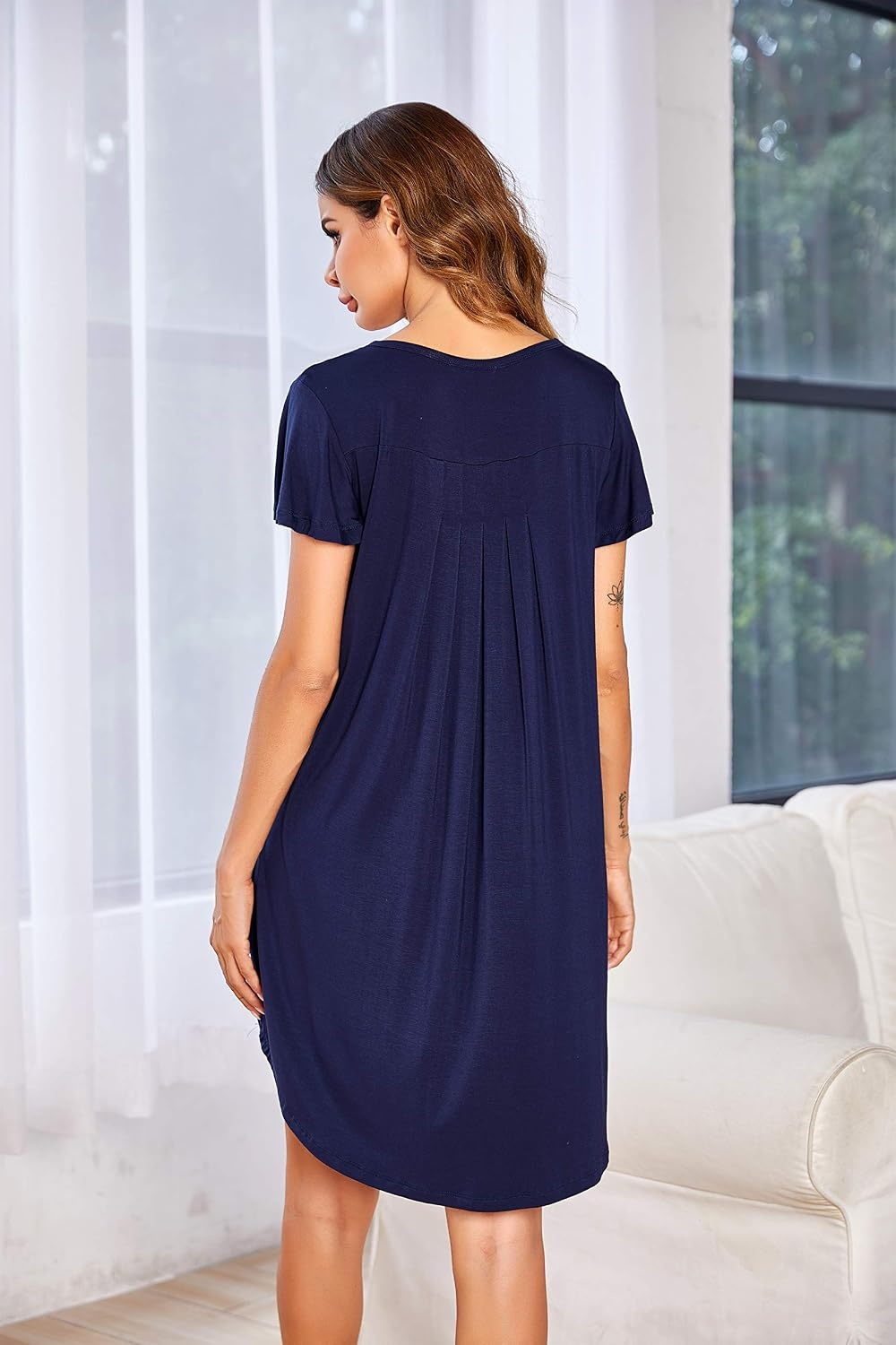 image:imageEkouaer Nightgowns for Women Pleated Moo Moos Short Sleeves House DressesNavy Blue