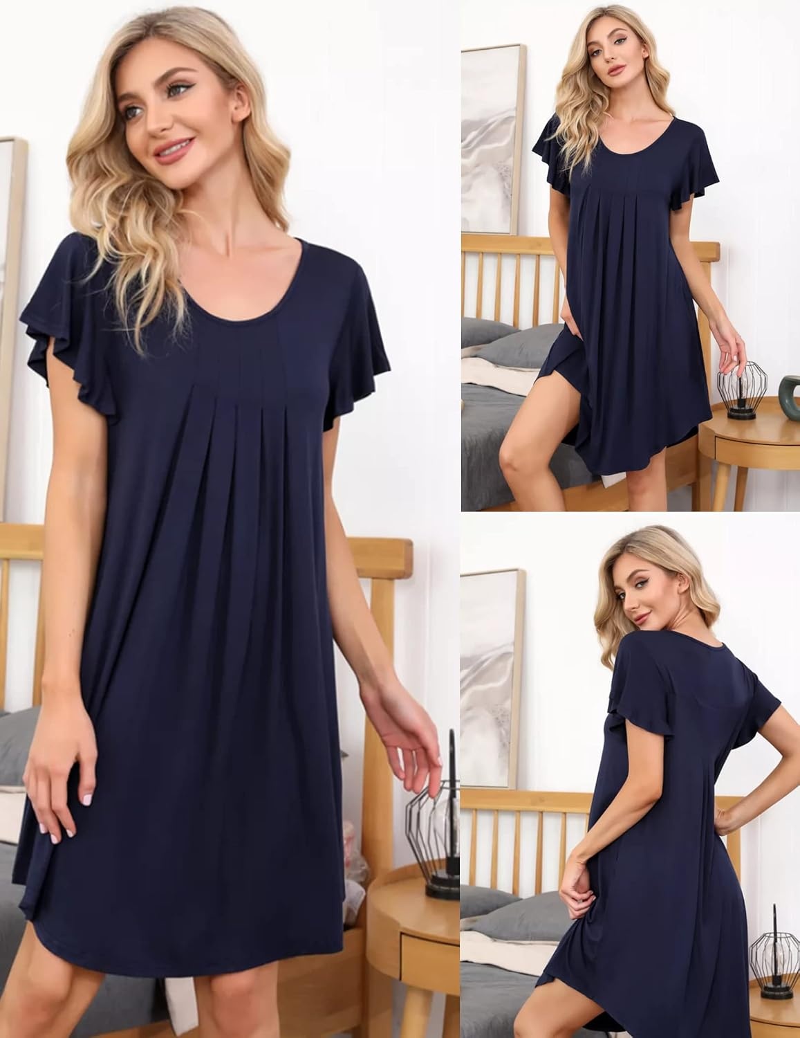 image:imageEkouaer Nightgowns for Women Pleated Moo Moos Short Sleeves House DressesNavy Blue