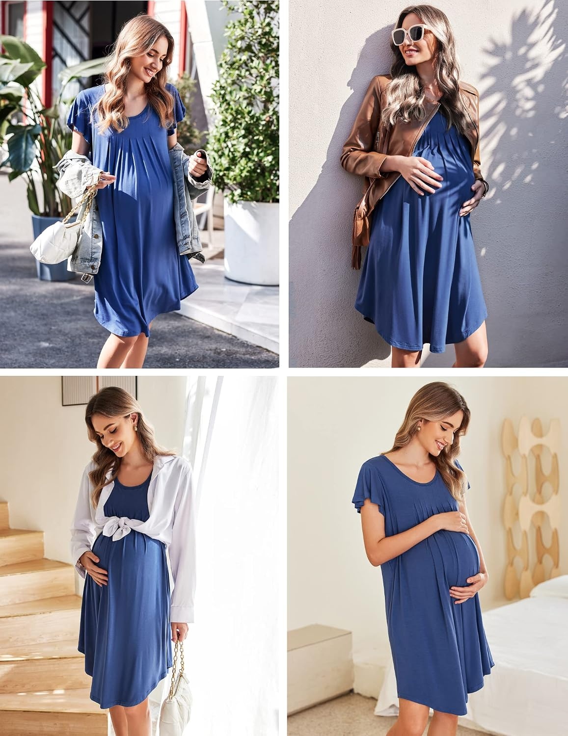 image:imageEkouaer Nightgowns for Women Pleated Moo Moos Short Sleeves House DressesNew Blue