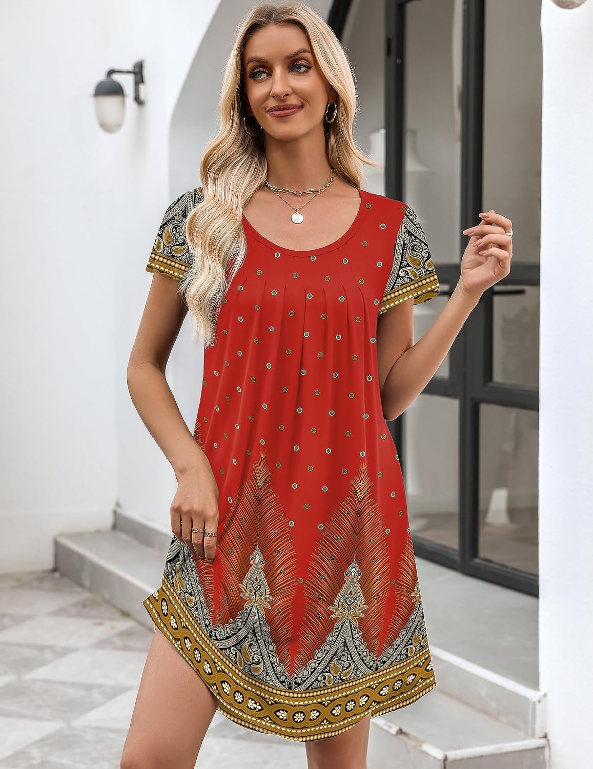 image:imageEkouaer Nightgowns for Women Pleated Moo Moos Short Sleeves House DressesRed Plume