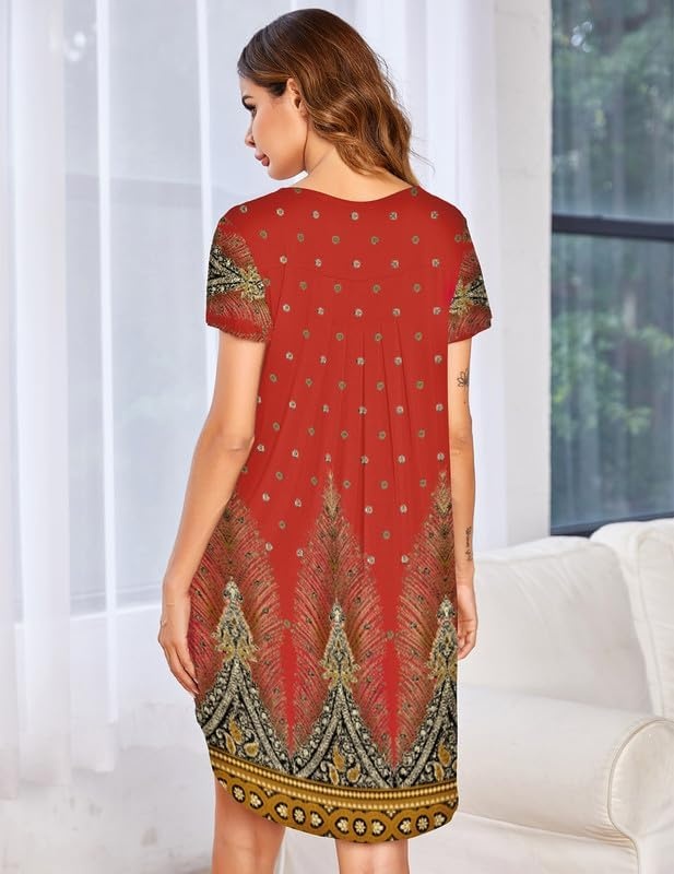 image:imageEkouaer Nightgowns for Women Pleated Moo Moos Short Sleeves House DressesRed Plume