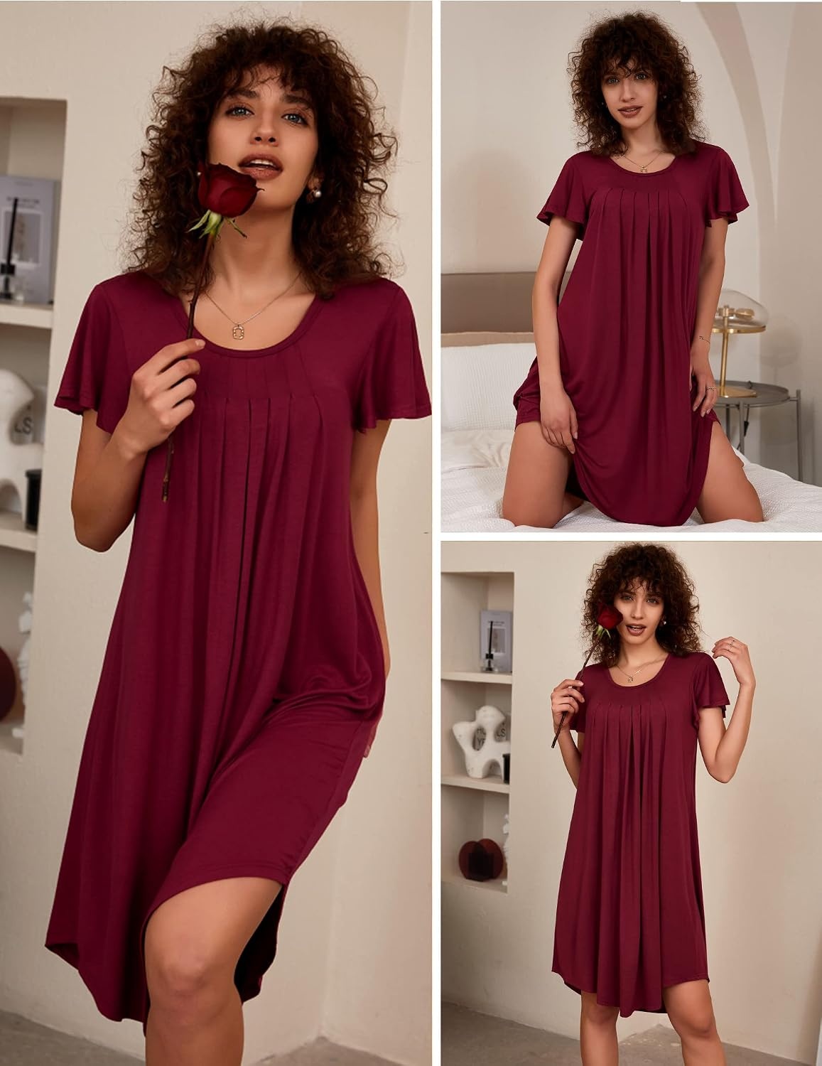 image:imageEkouaer Nightgowns for Women Pleated Moo Moos Short Sleeves House DressesWine Red