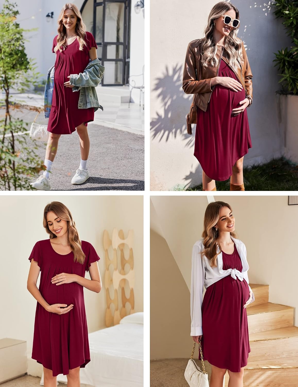 image:imageEkouaer Nightgowns for Women Pleated Moo Moos Short Sleeves House DressesWine Red