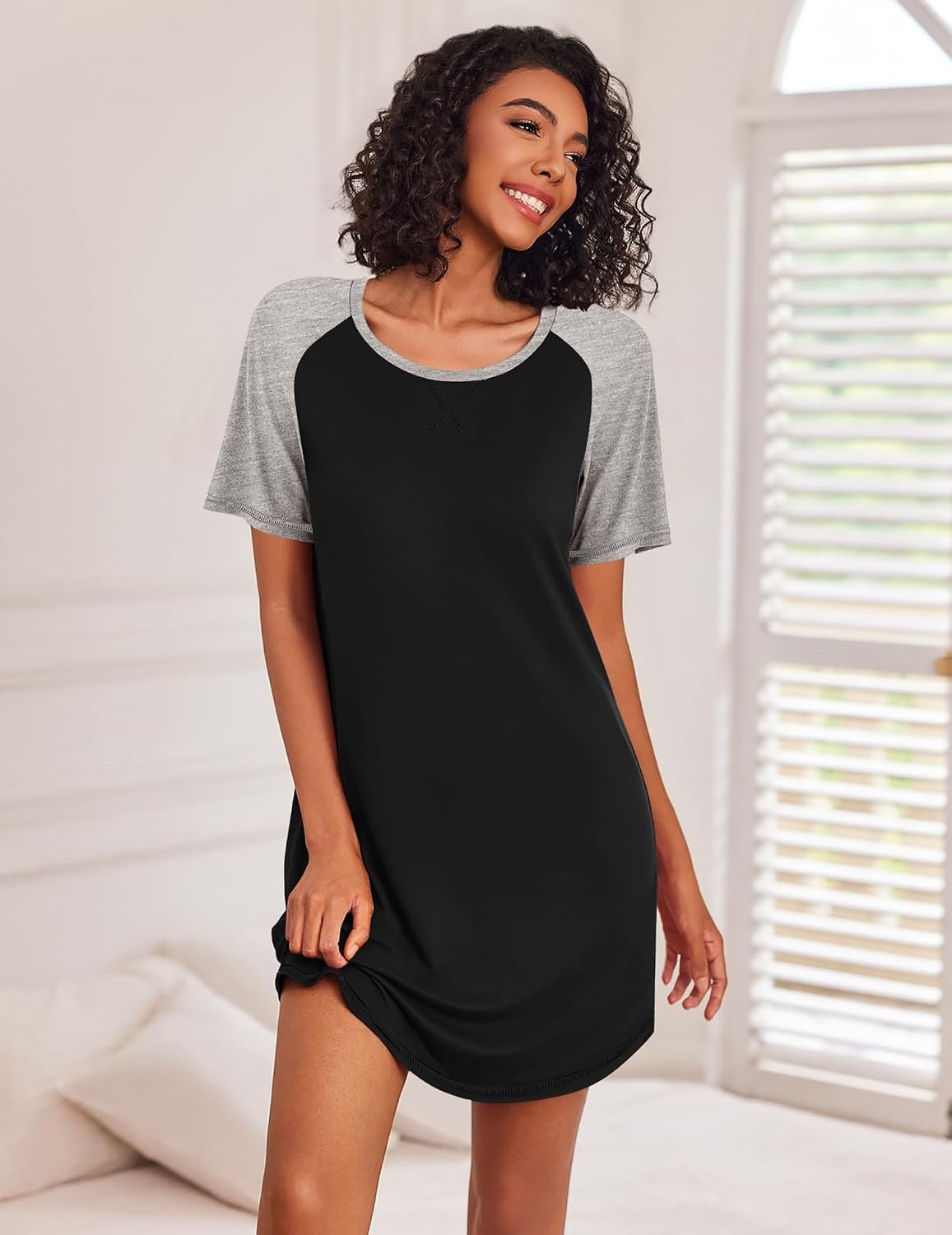 image:imageEkouaer Nightgowns for Women Short Sleeve Sleep Shirts Raglan Night ShirtBlack 2