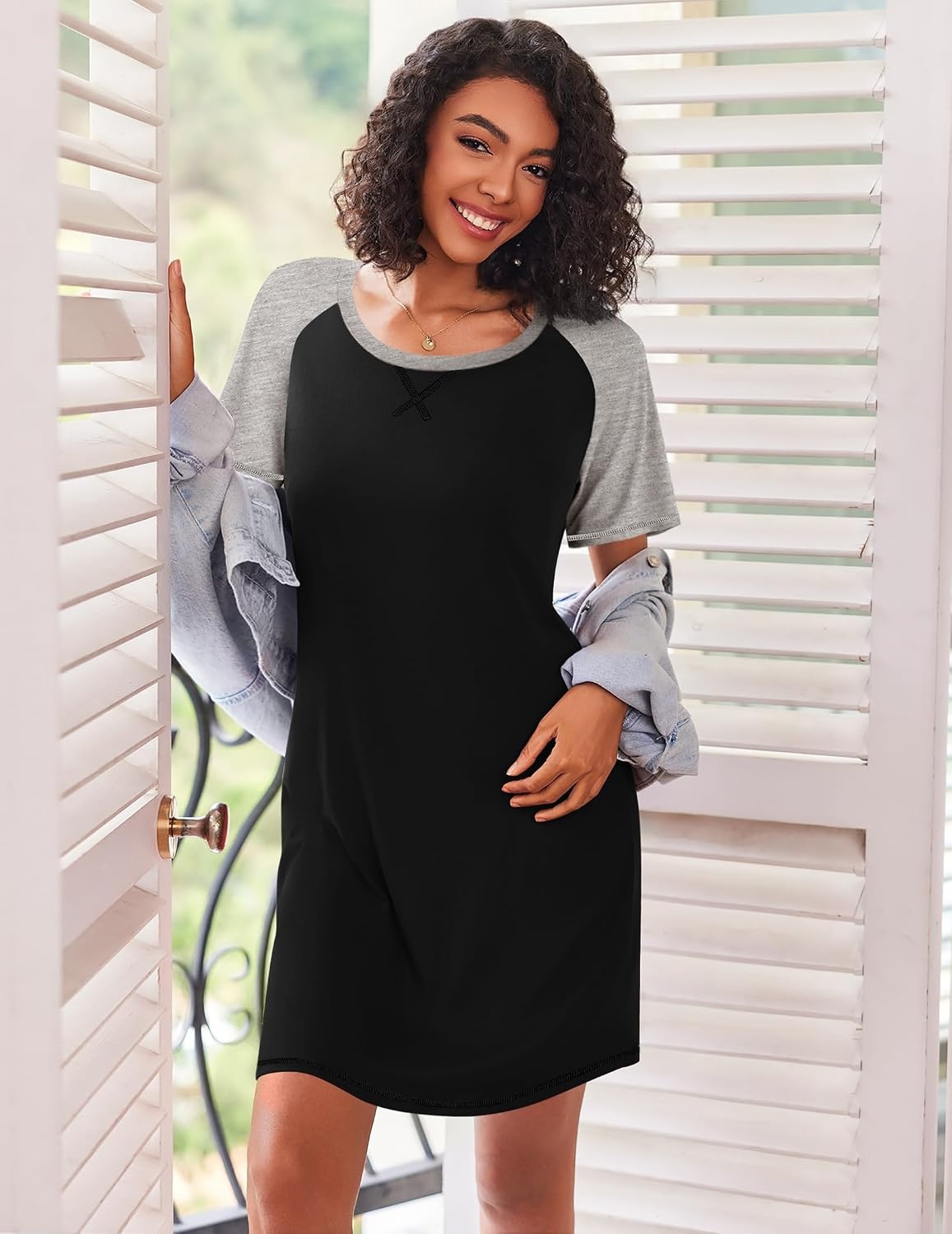 image:imageEkouaer Nightgowns for Women Short Sleeve Sleep Shirts Raglan Night ShirtBlack 2
