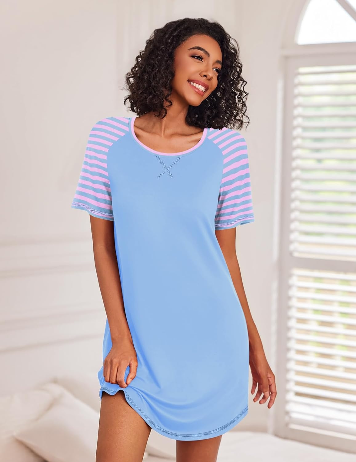 image:imageEkouaer Nightgowns for Women Short Sleeve Sleep Shirts Raglan Night ShirtLight Blue