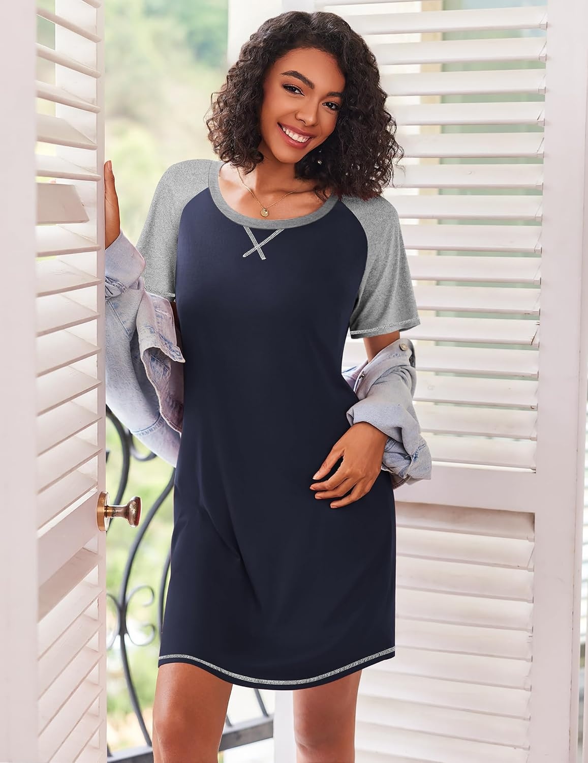 image:imageEkouaer Nightgowns for Women Short Sleeve Sleep Shirts Raglan Night ShirtNavy Blue