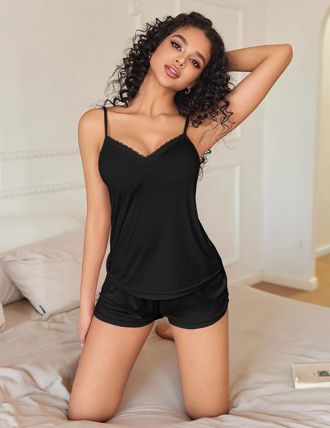 image:imageEkouaer Pajama Sets for Women Cute Printed Lace Cami Pj Shorts SetBlack