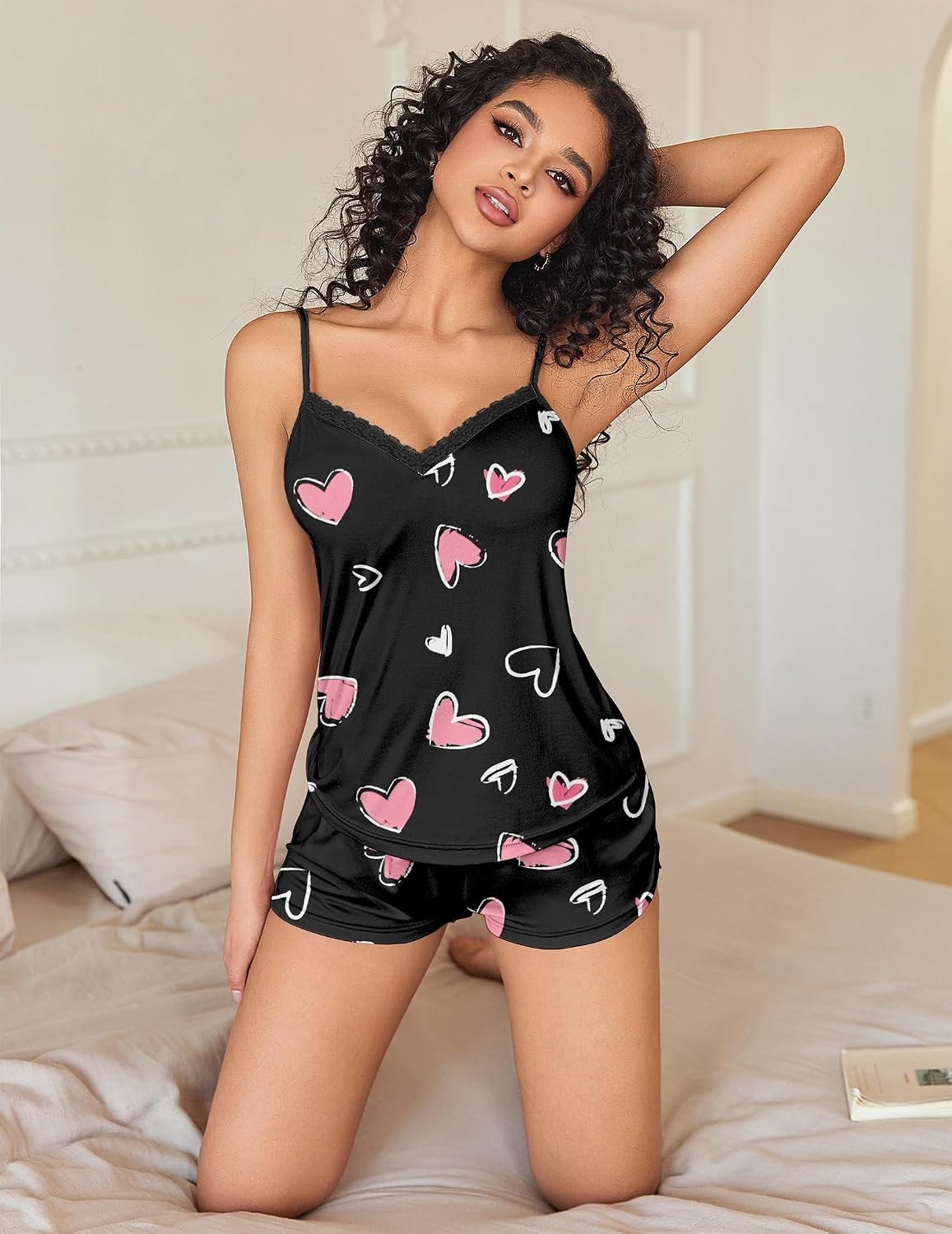 image:imageEkouaer Pajama Sets for Women Cute Printed Lace Cami Pj Shorts SetPink Heart