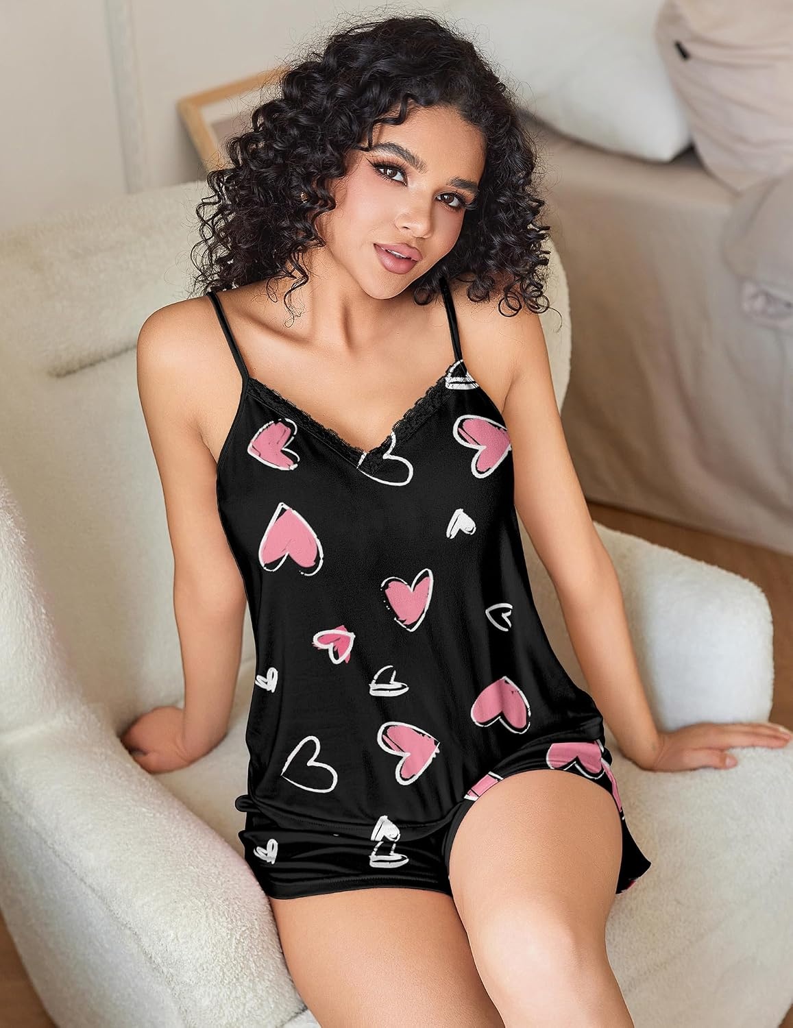 image:imageEkouaer Pajama Sets for Women Cute Printed Lace Cami Pj Shorts SetPink Heart