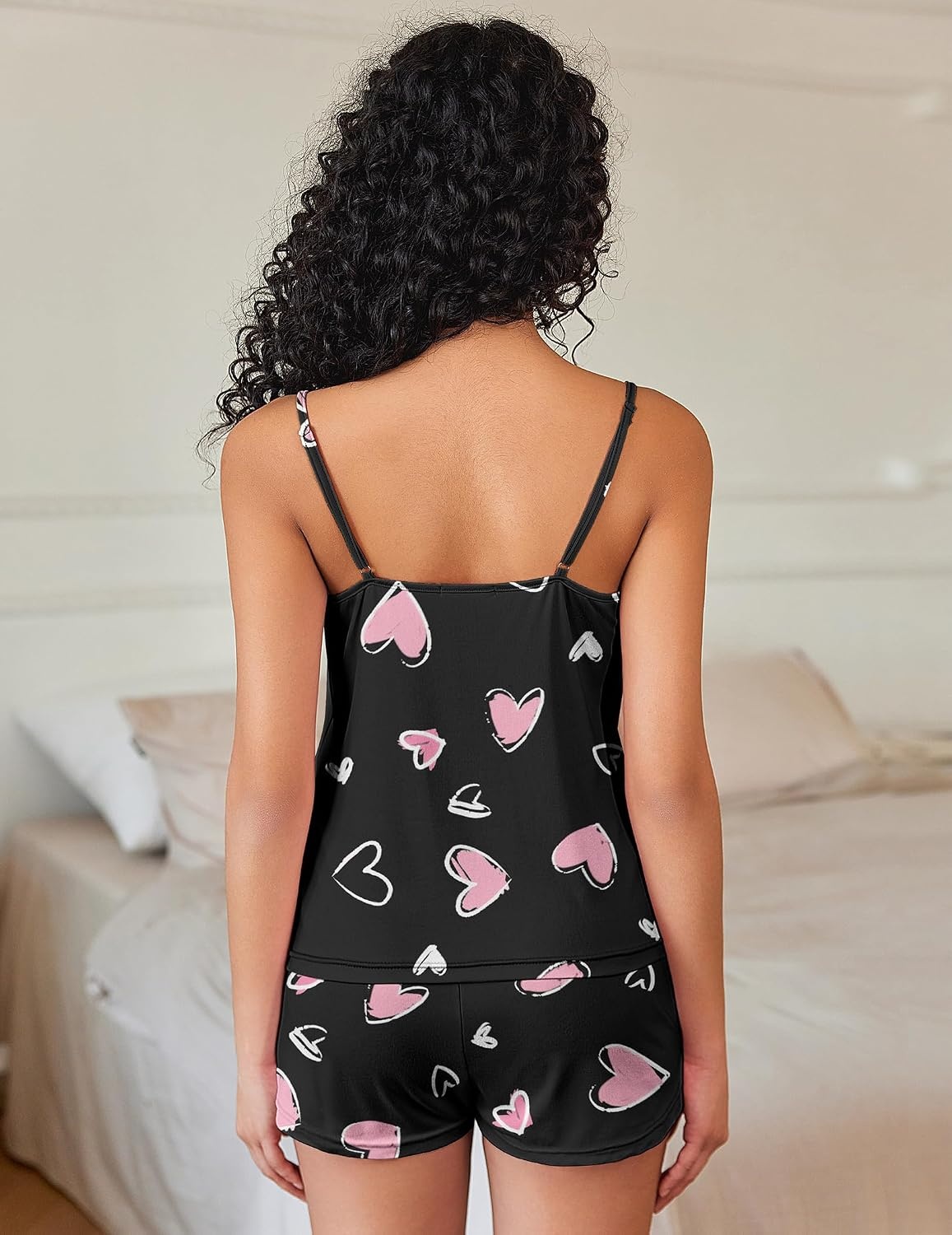 image:imageEkouaer Pajama Sets for Women Cute Printed Lace Cami Pj Shorts SetPink Heart