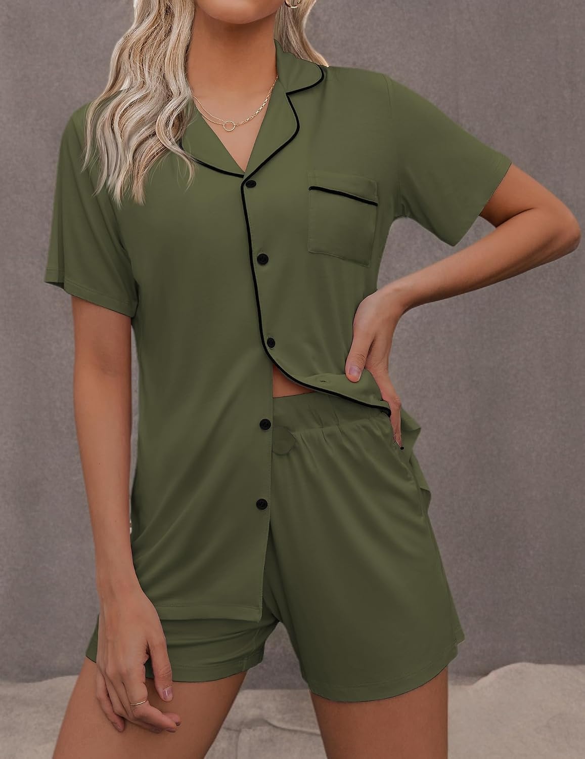 image:imageEkouaer Pajamas Set for Women Short Sleeve Sleepwear Button Down Pj XSXXXLArmy Green