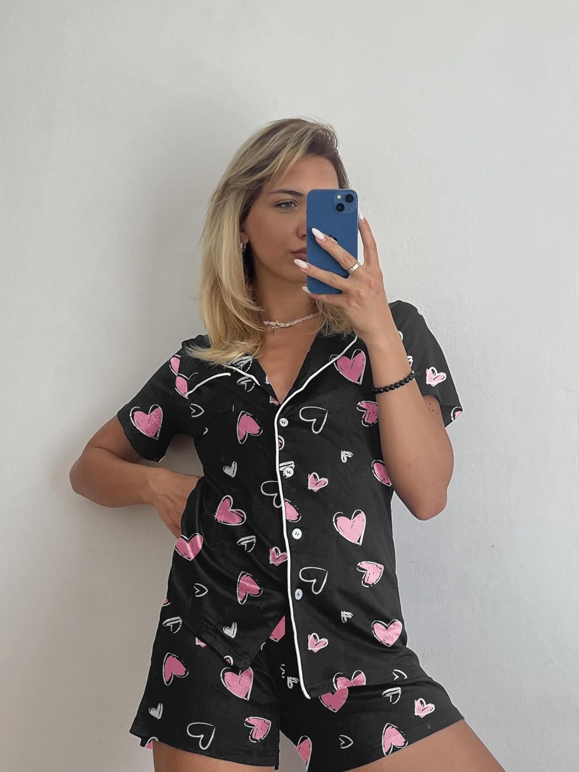 image:imageEkouaer Pajamas Set for Women Short Sleeve Sleepwear Button Down Pj XSXXXLBlack With Pink Hearts