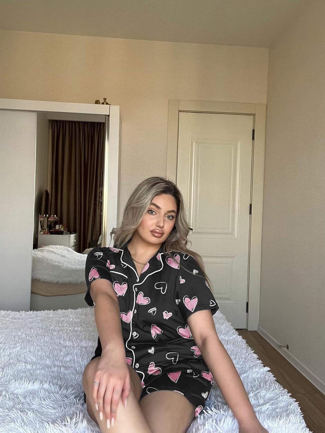 image:imageEkouaer Pajamas Set for Women Short Sleeve Sleepwear Button Down Pj XSXXXLBlack With Pink Hearts