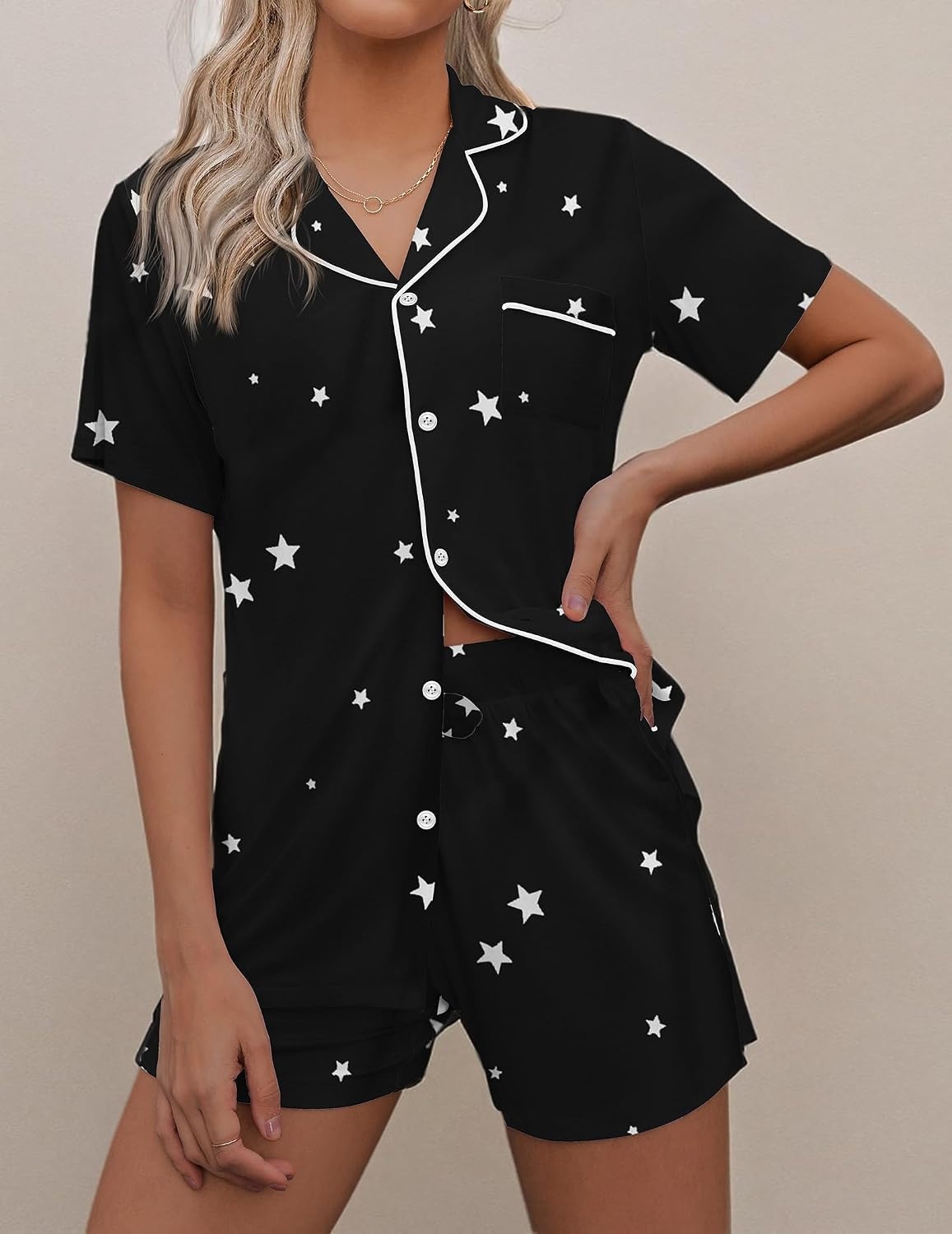 image:imageEkouaer Pajamas Set for Women Short Sleeve Sleepwear Button Down Pj XSXXXLBlack With Stars