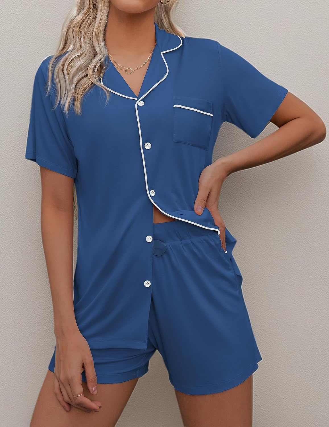 image:imageEkouaer Pajamas Set for Women Short Sleeve Sleepwear Button Down Pj XSXXXLClear Blue
