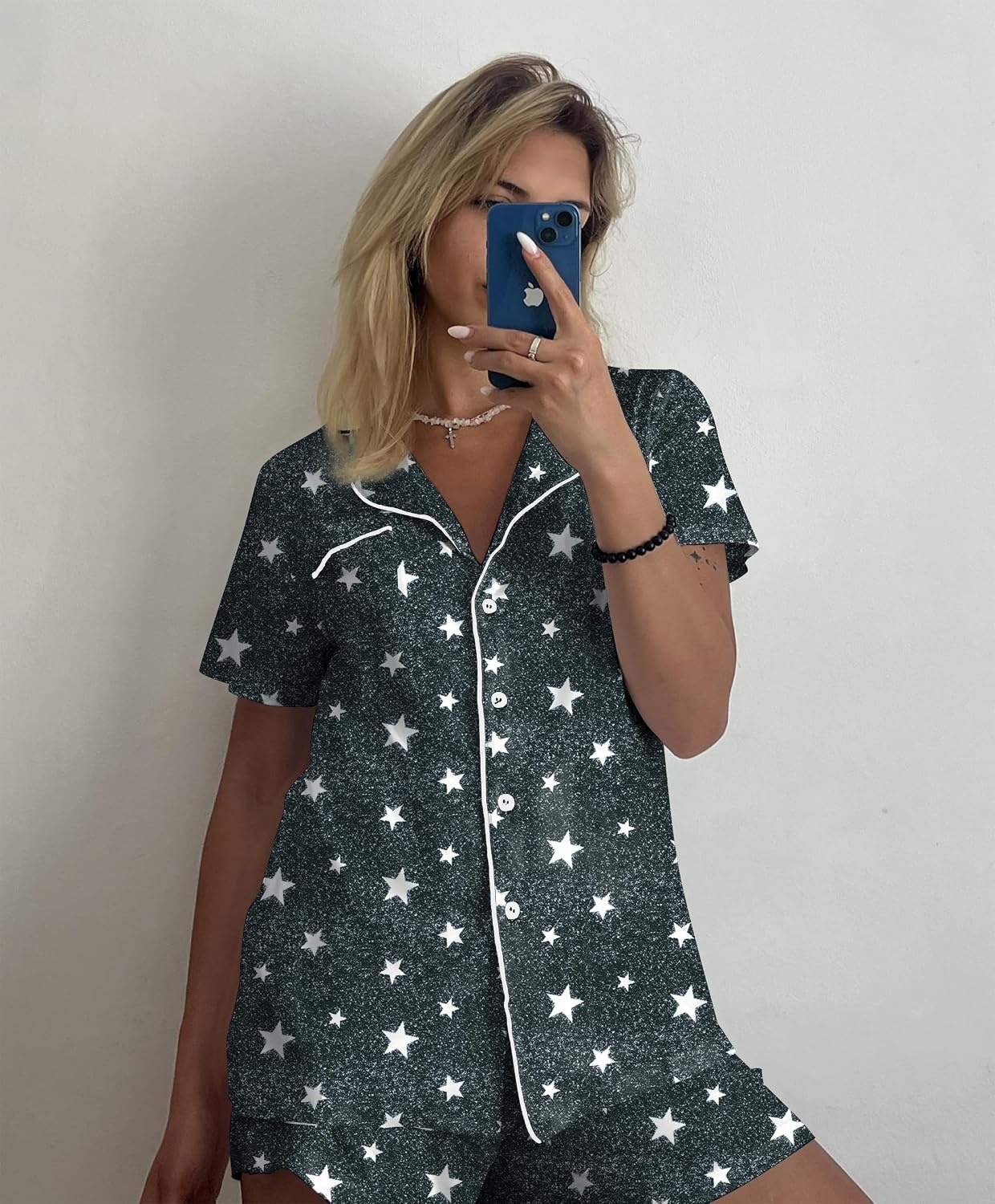 image:imageEkouaer Pajamas Set for Women Short Sleeve Sleepwear Button Down Pj XSXXXLGray Star Print