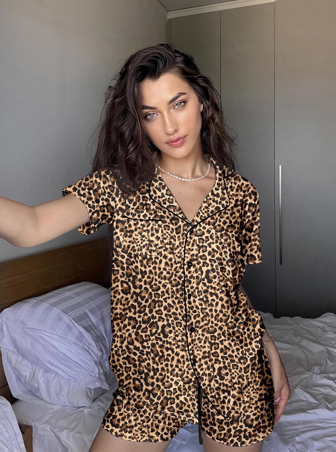 image:imageEkouaer Pajamas Set for Women Short Sleeve Sleepwear Button Down Pj XSXXXLLeopard