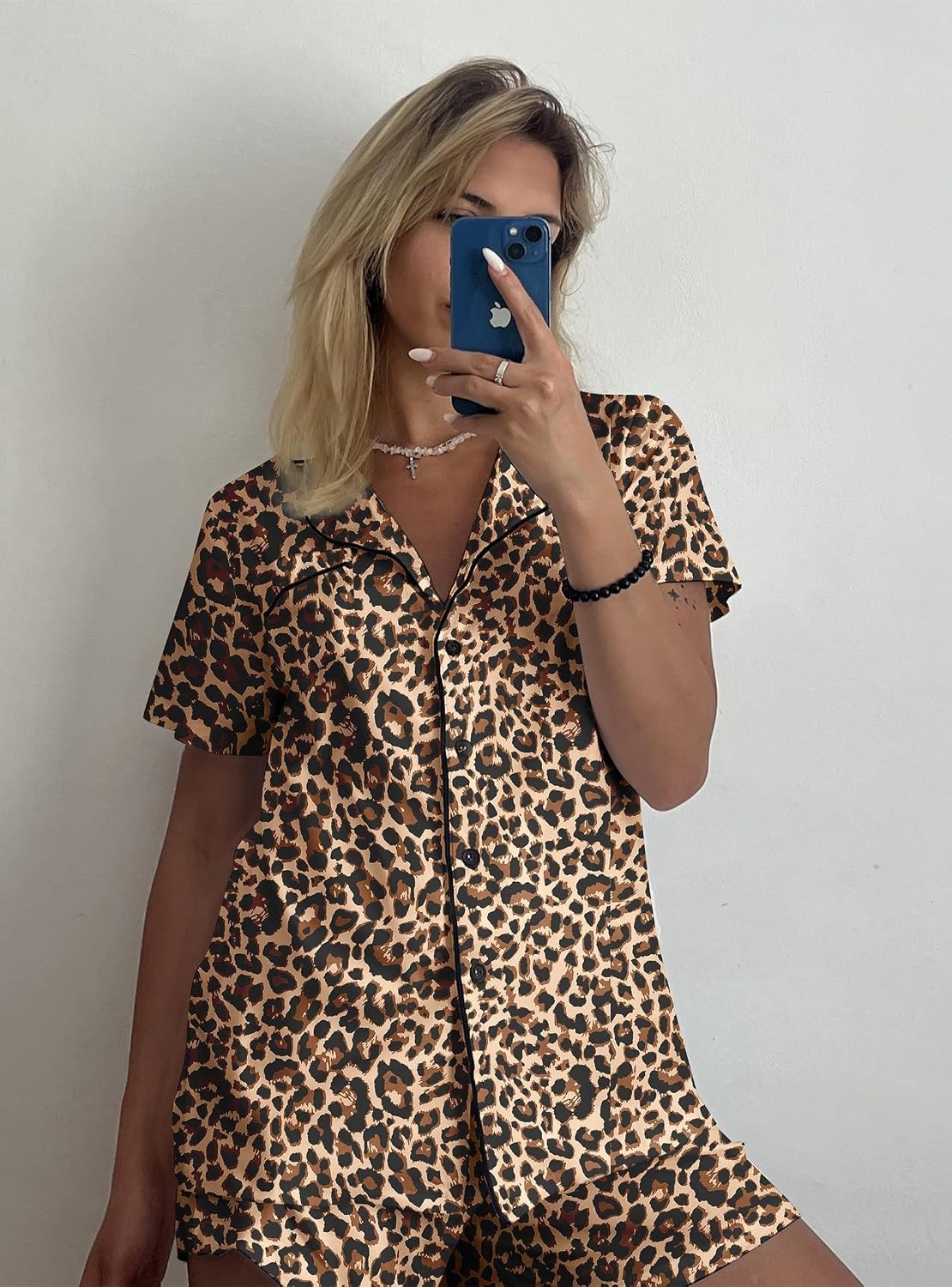 image:imageEkouaer Pajamas Set for Women Short Sleeve Sleepwear Button Down Pj XSXXXLLeopard