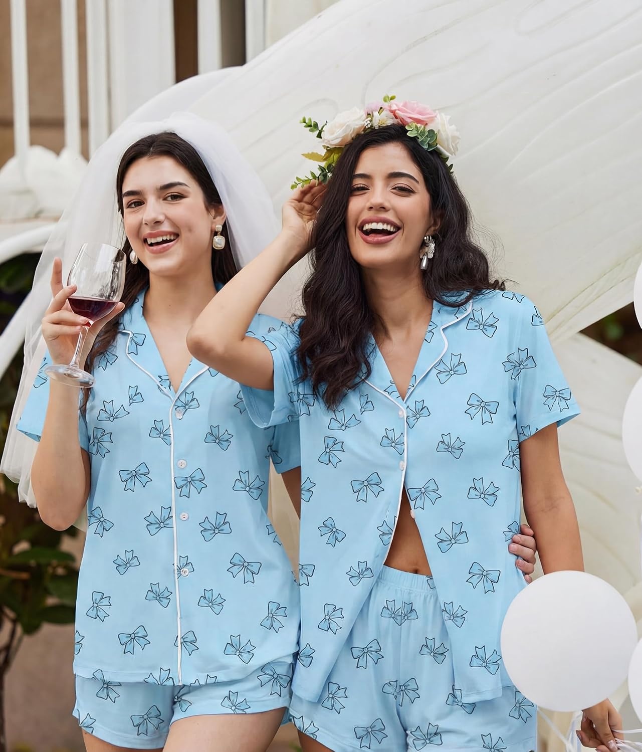 image:imageEkouaer Pajamas Set for Women Short Sleeve Sleepwear Button Down Pj XSXXXLLight Blue Bows