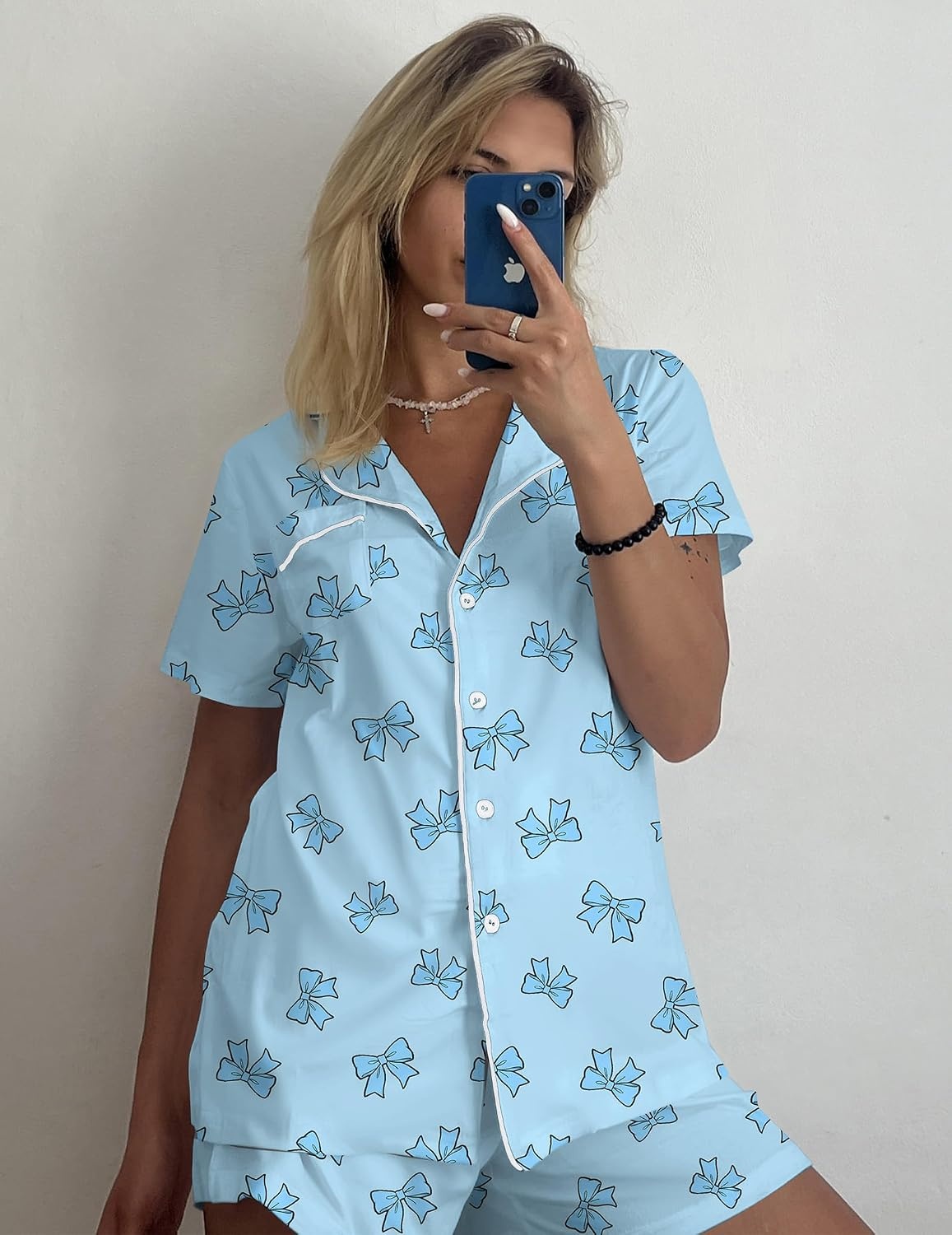 image:imageEkouaer Pajamas Set for Women Short Sleeve Sleepwear Button Down Pj XSXXXLLight Blue Bows