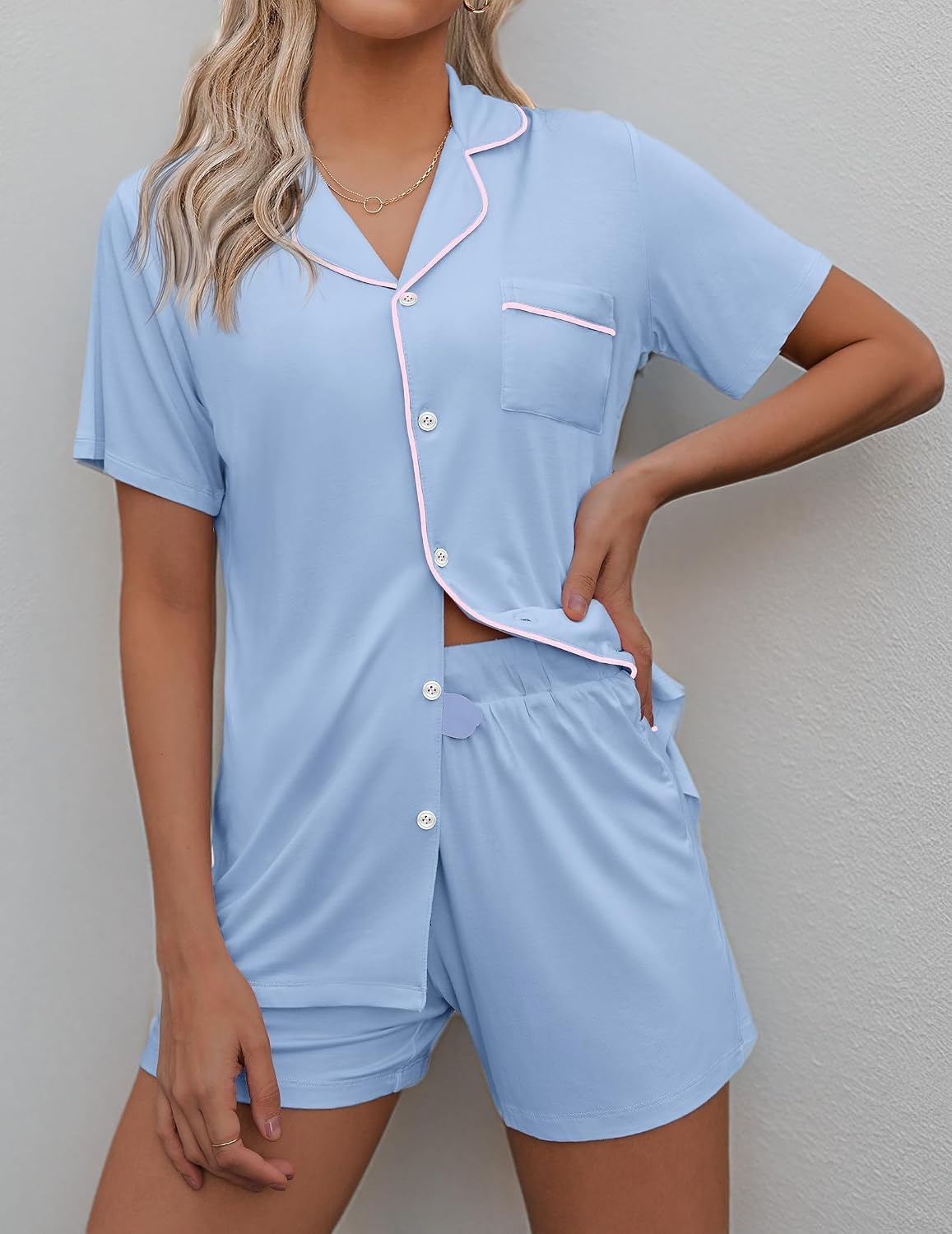 image:imageEkouaer Pajamas Set for Women Short Sleeve Sleepwear Button Down Pj XSXXXLLight Sky Blue