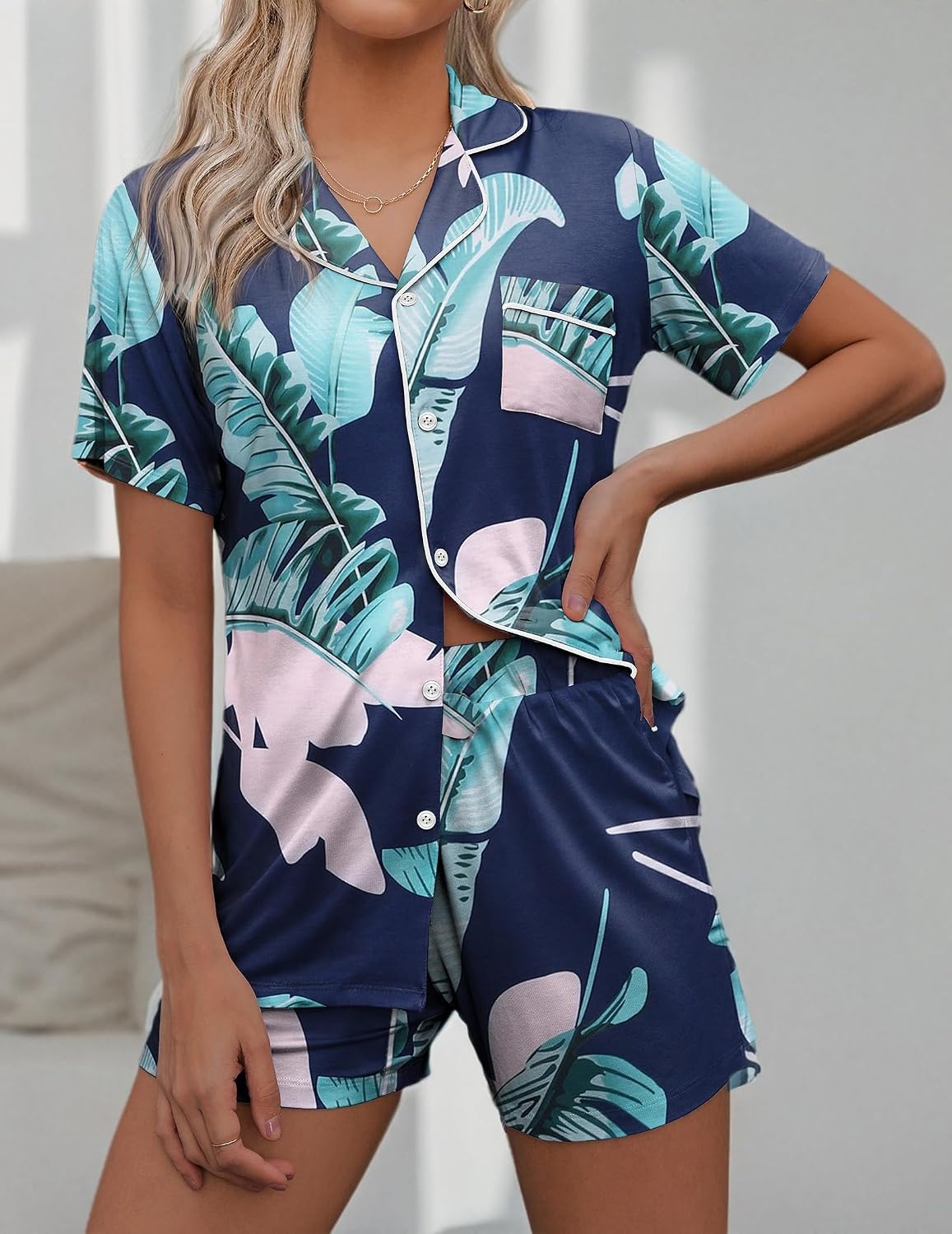 image:imageEkouaer Pajamas Set for Women Short Sleeve Sleepwear Button Down Pj XSXXXLNavy Leaves