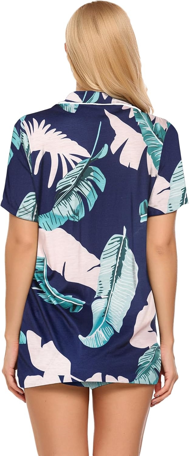 image:imageEkouaer Pajamas Set for Women Short Sleeve Sleepwear Button Down Pj XSXXXLNavy Leaves