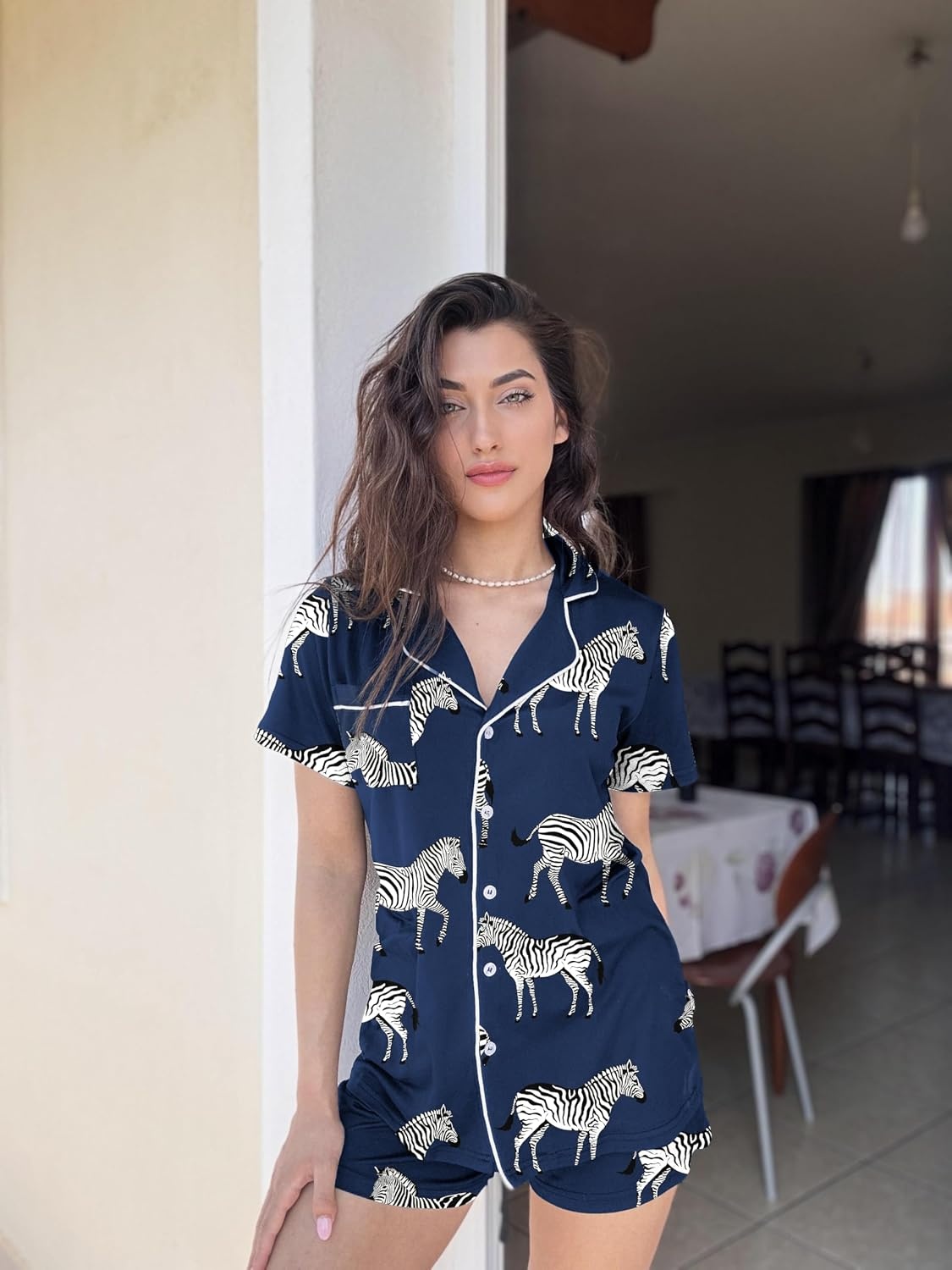 image:imageEkouaer Pajamas Set for Women Short Sleeve Sleepwear Button Down Pj XSXXXLNavy With Zebra Print