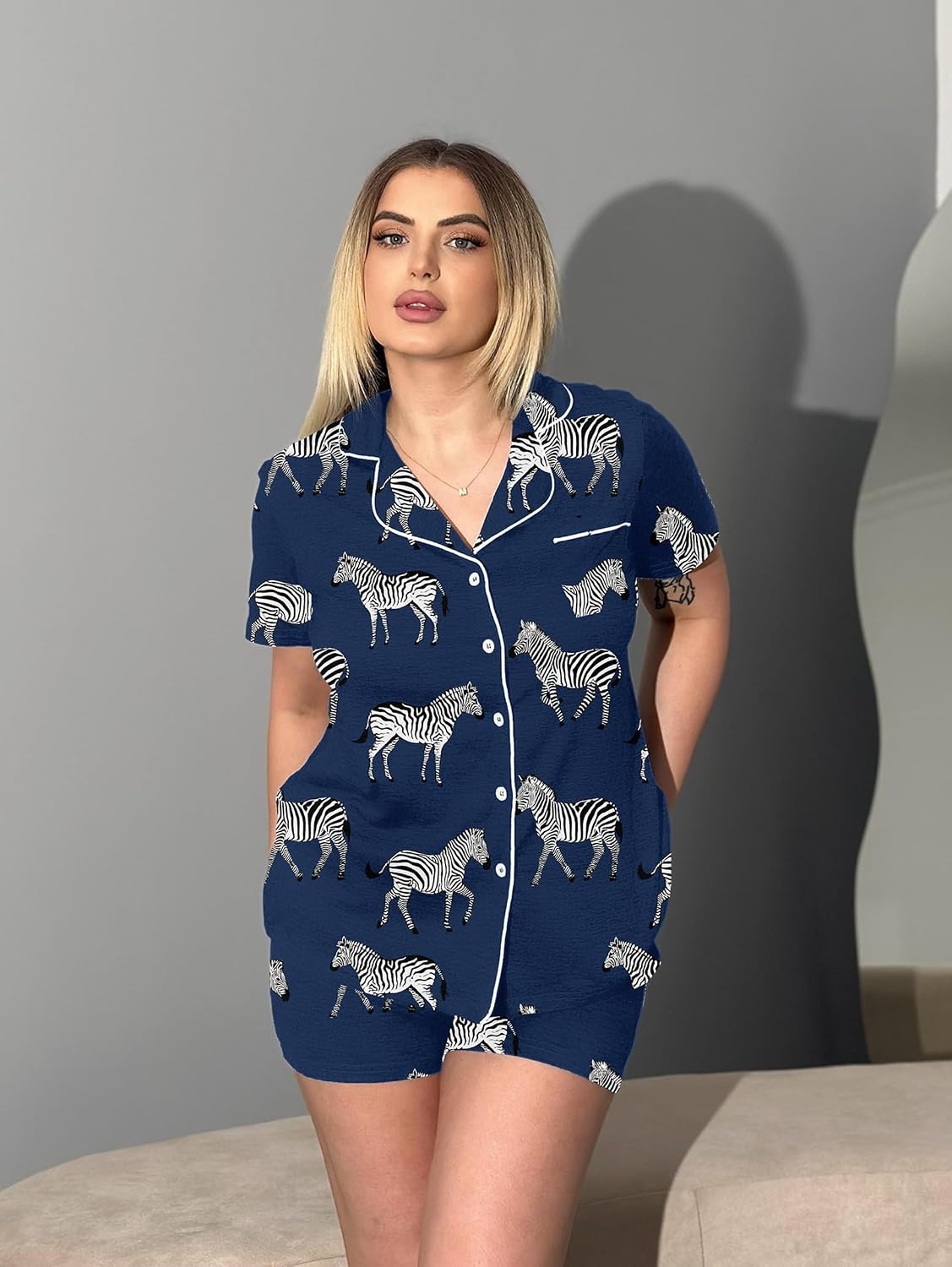image:imageEkouaer Pajamas Set for Women Short Sleeve Sleepwear Button Down Pj XSXXXLNavy With Zebra Print