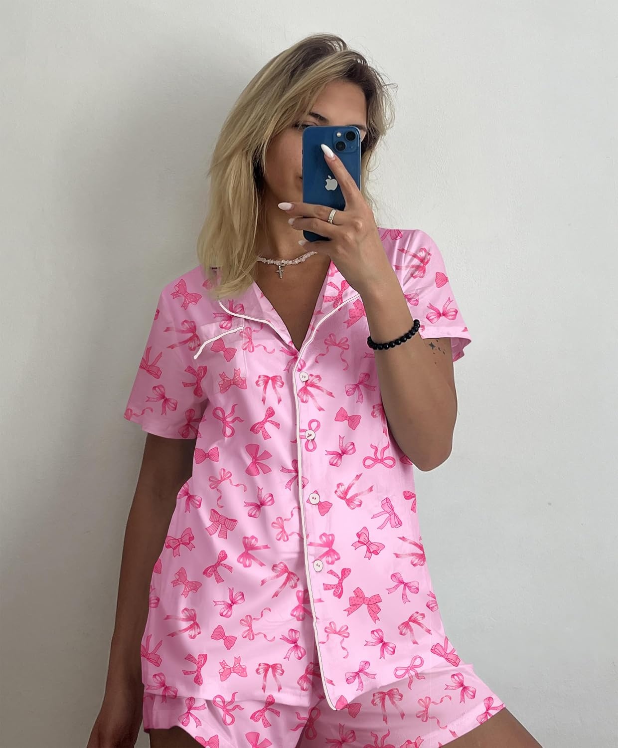 image:imageEkouaer Pajamas Set for Women Short Sleeve Sleepwear Button Down Pj XSXXXLPink Bow Print