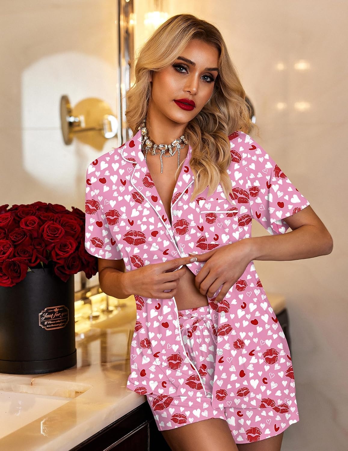image:imageEkouaer Pajamas Set for Women Short Sleeve Sleepwear Button Down Pj XSXXXLPink Heart Lips Print