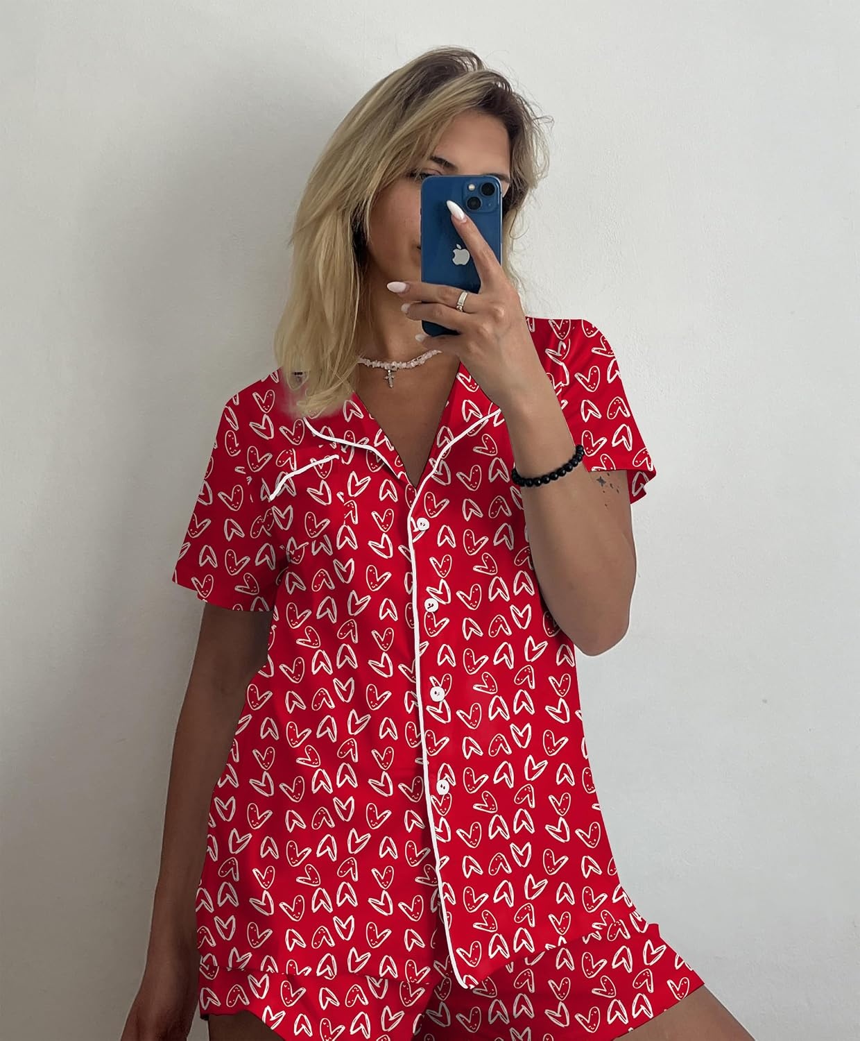 image:imageEkouaer Pajamas Set for Women Short Sleeve Sleepwear Button Down Pj XSXXXLRed Heart Print