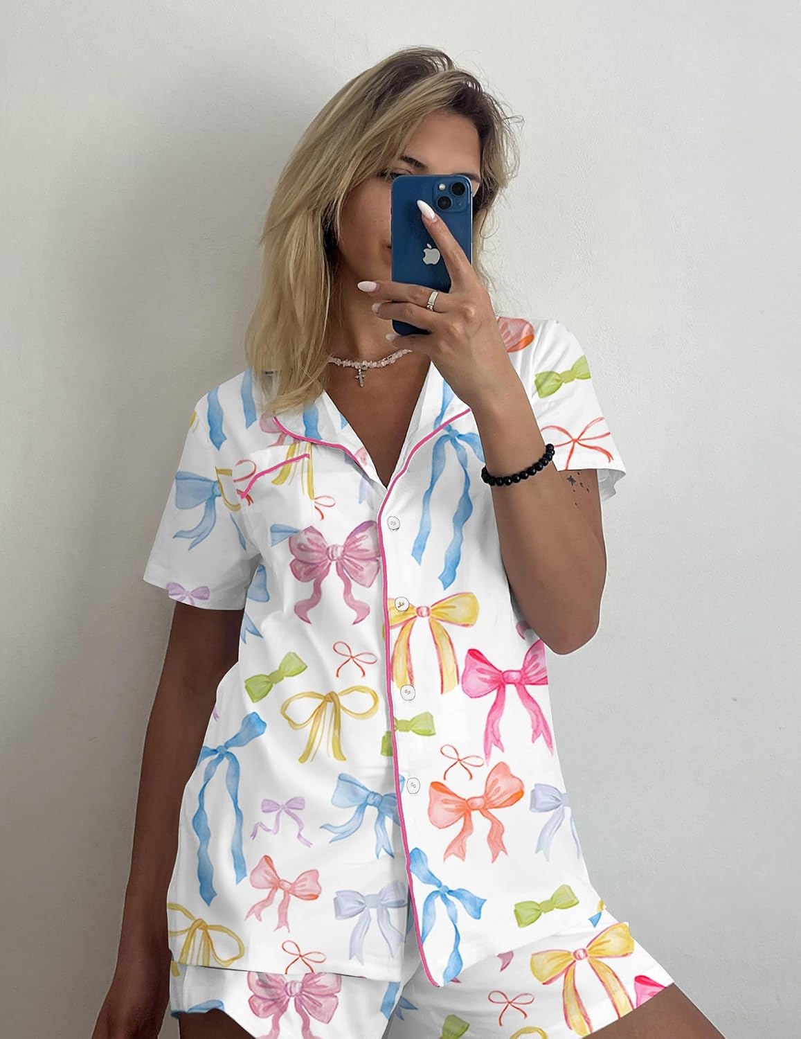 image:imageEkouaer Pajamas Set for Women Short Sleeve Sleepwear Button Down Pj XSXXXLWhite With Colorful Bows
