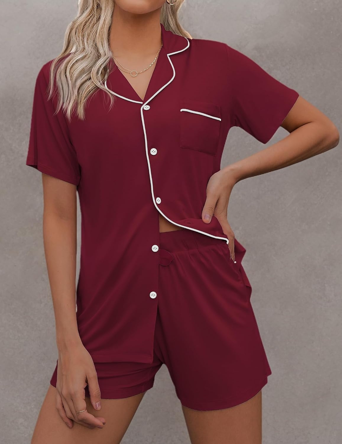 image:imageEkouaer Pajamas Set for Women Short Sleeve Sleepwear Button Down Pj XSXXXLWine Red