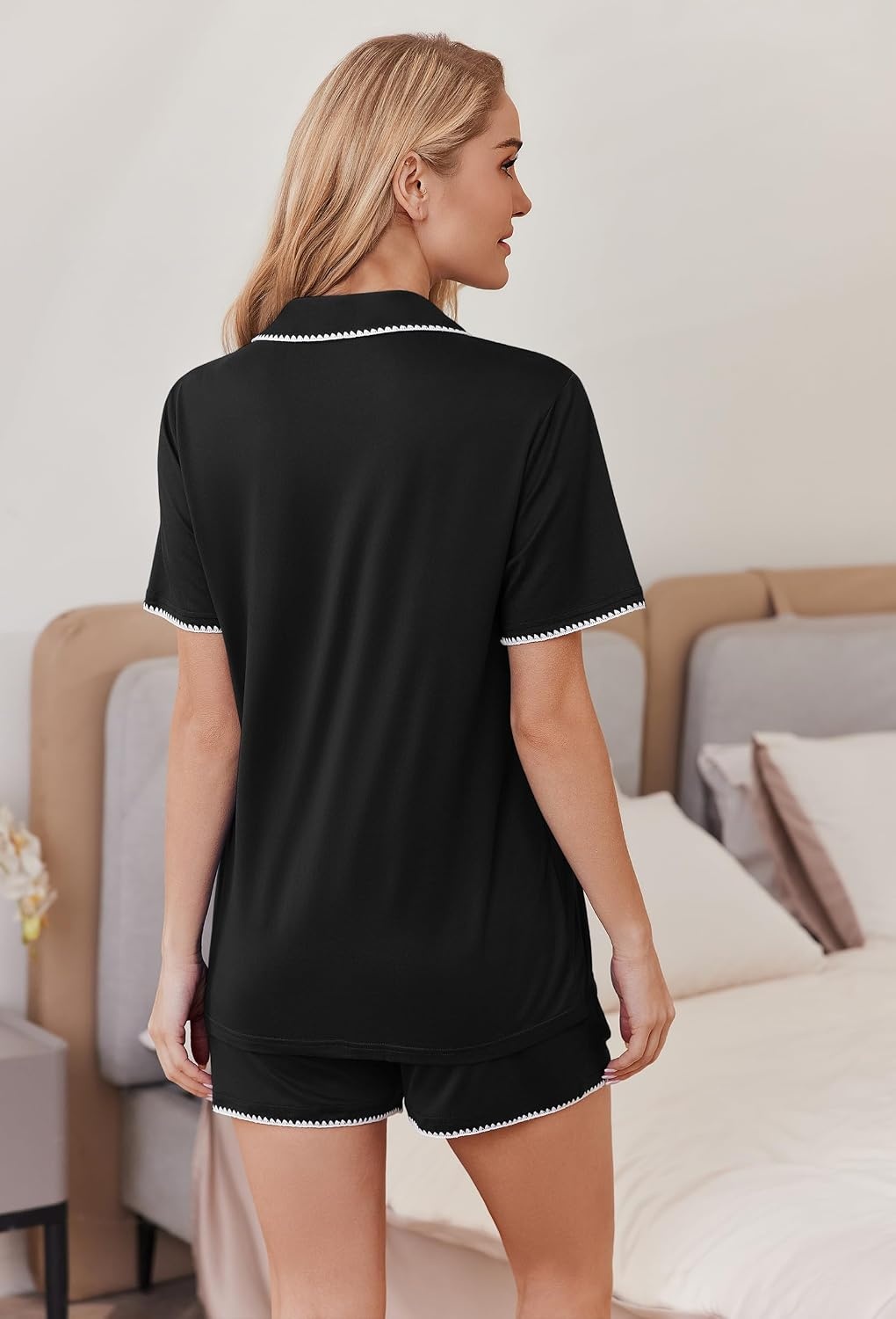 image:imageEkouaer Pajamas for Women Set 2 Piece Soft Button Down Top and ShortsBlack