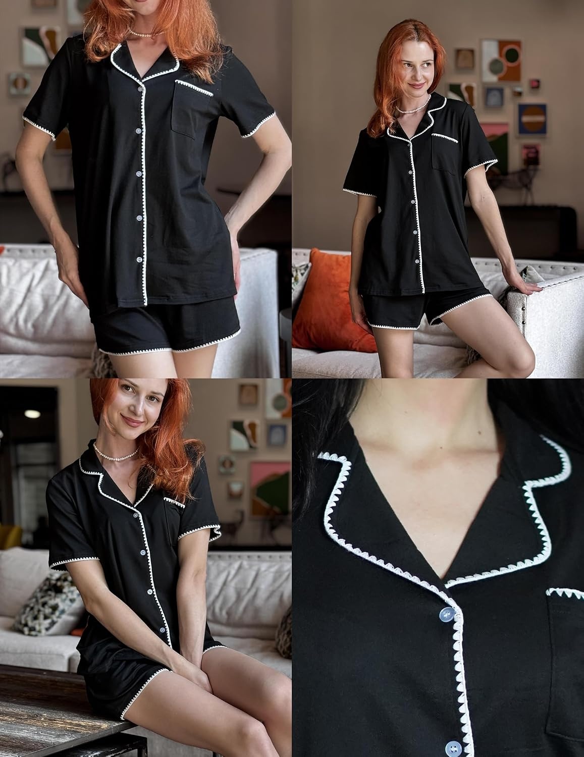 image:imageEkouaer Pajamas for Women Set 2 Piece Soft Button Down Top and ShortsBlack