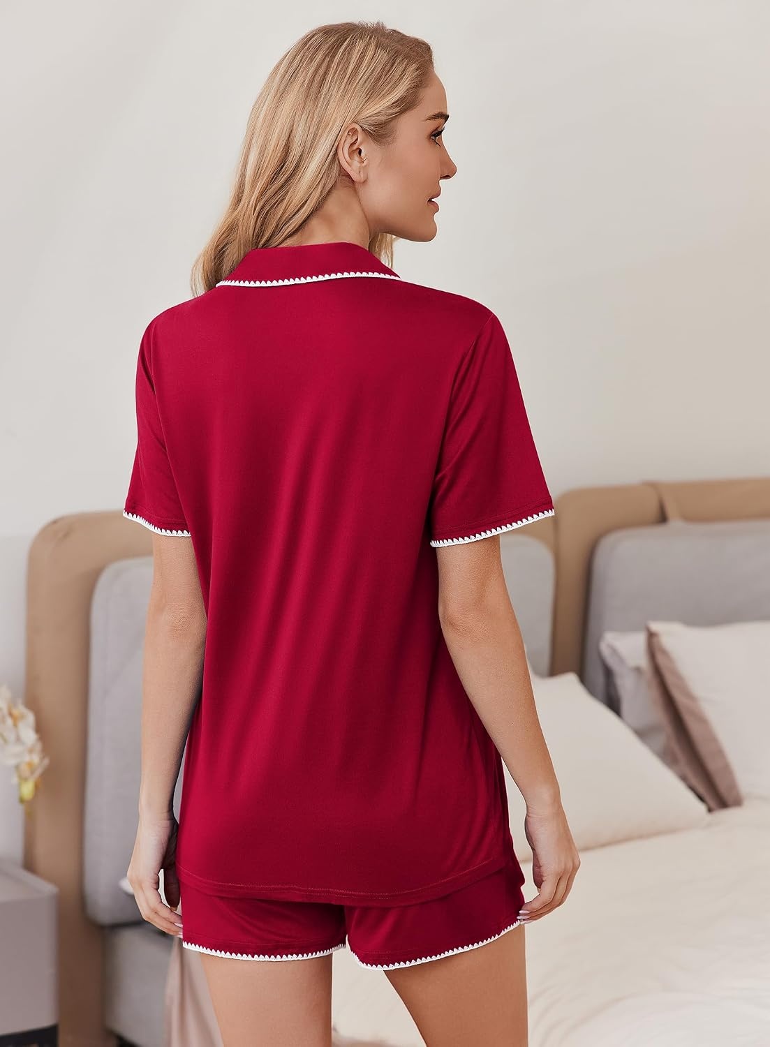 image:imageEkouaer Pajamas for Women Set 2 Piece Soft Button Down Top and ShortsDeep Red
