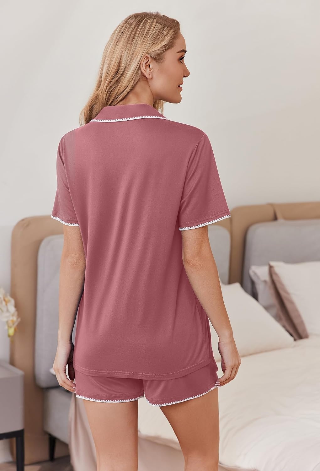 image:imageEkouaer Pajamas for Women Set 2 Piece Soft Button Down Top and ShortsDusty Mauve