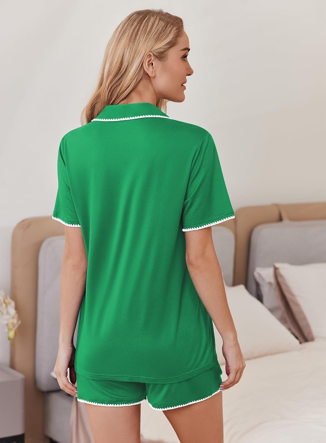 image:imageEkouaer Pajamas for Women Set 2 Piece Soft Button Down Top and ShortsGreen