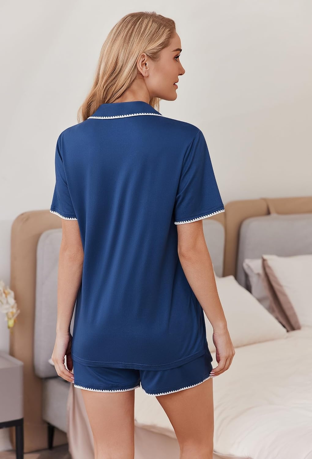 image:imageEkouaer Pajamas for Women Set 2 Piece Soft Button Down Top and ShortsNavy Blue