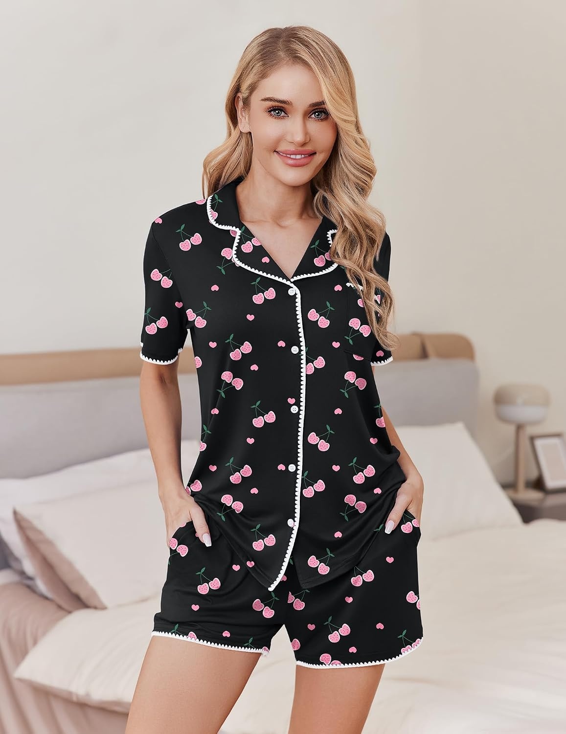 image:imageEkouaer Pajamas for Women Set 2 Piece Soft Button Down Top and ShortsPink Cherry