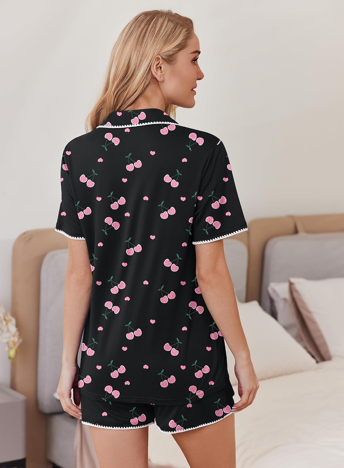 image:imageEkouaer Pajamas for Women Set 2 Piece Soft Button Down Top and ShortsPink Cherry