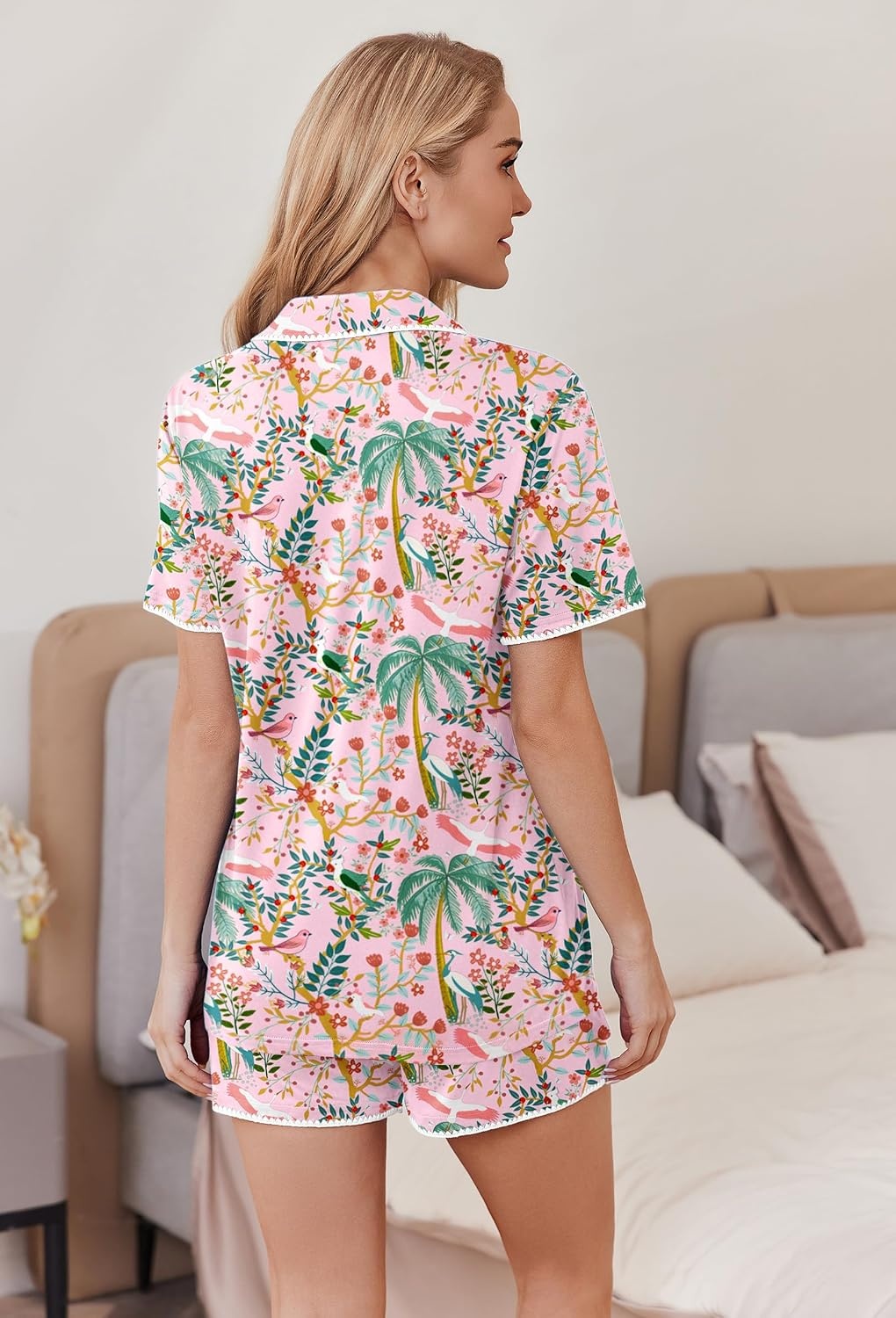 image:imageEkouaer Pajamas for Women Set 2 Piece Soft Button Down Top and ShortsTropical Print