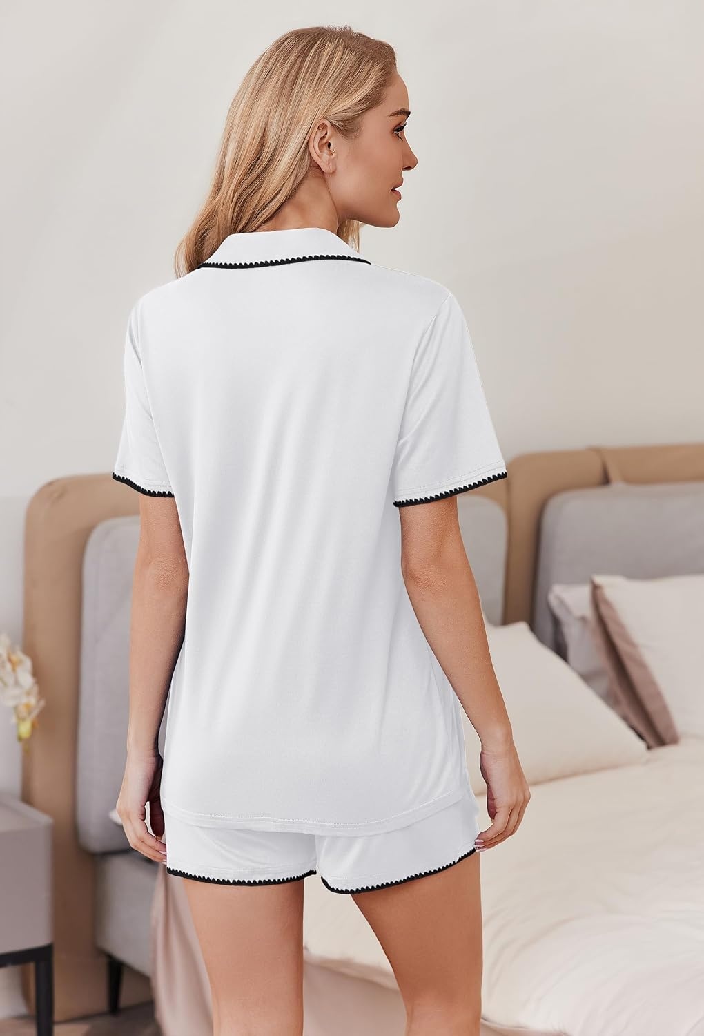 image:imageEkouaer Pajamas for Women Set 2 Piece Soft Button Down Top and ShortsWhite