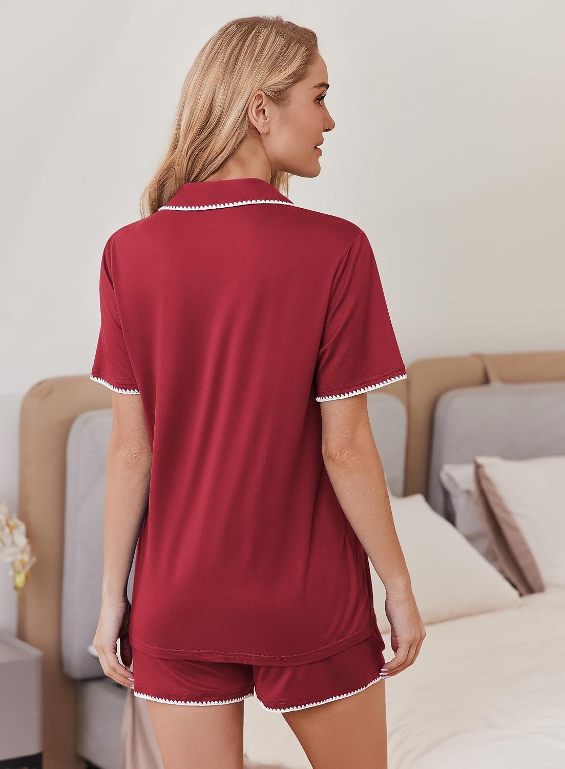 image:imageEkouaer Pajamas for Women Set 2 Piece Soft Button Down Top and ShortsWine Red