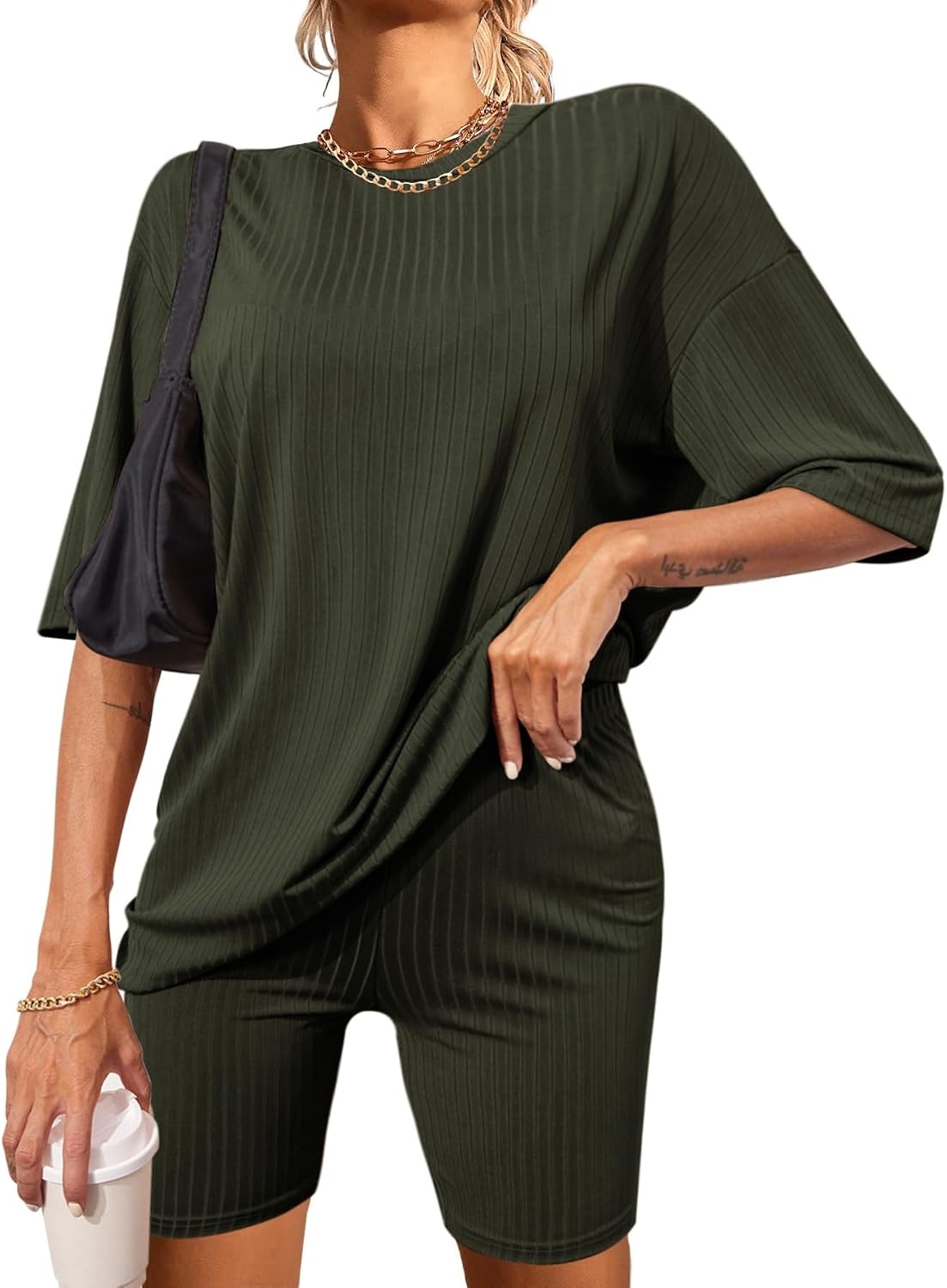 image:imageEkouaer Women 2 Piece Lounge Sets Ribbed Knit Oversized Shirt Biker ShortsArmy Green