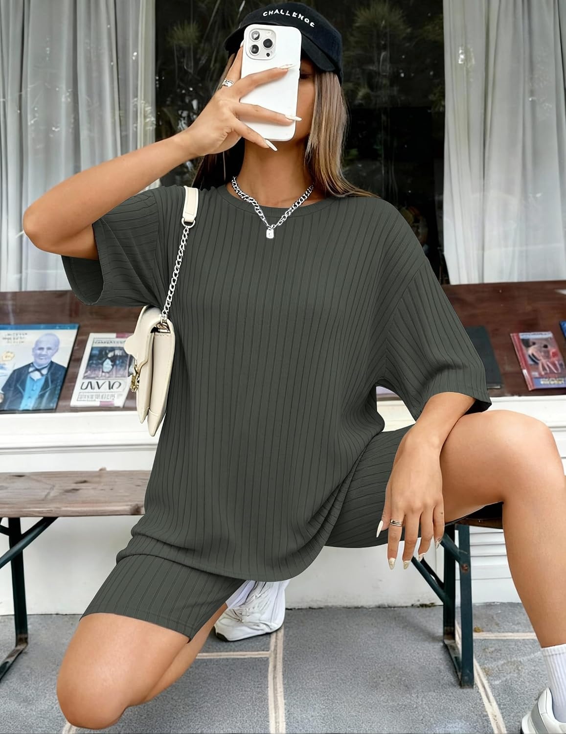 image:imageEkouaer Women 2 Piece Lounge Sets Ribbed Knit Oversized Shirt Biker ShortsArmy Green